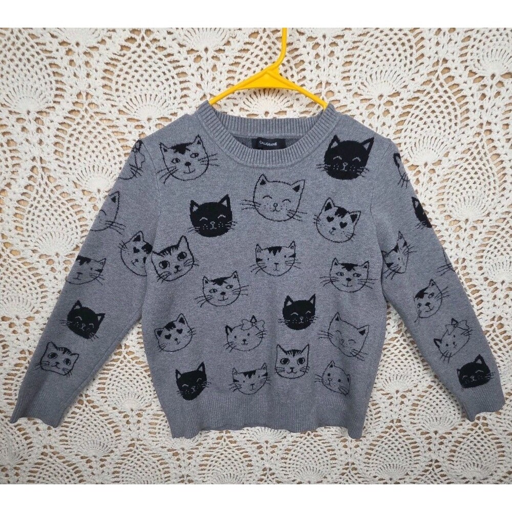Anthropologie Calligraphie Novelty Sweater Cat Kitty Cozy LARGE Whimsy Gray Grey